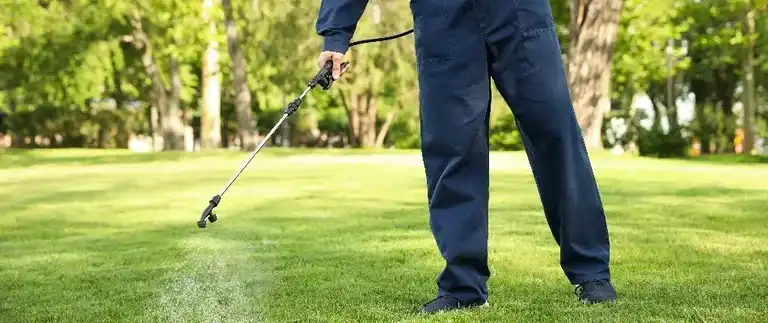 Technician treating the grass edge where ticks wait for a host