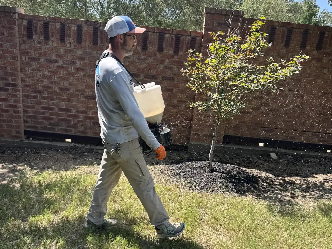 Buffalo Outdoor technician in long sleeves and gloves broadcasting fire ant bait with a spreader