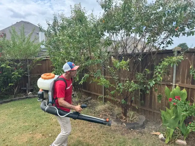 Buffalo Outdoor technician fogging backyard shrub lines and tree canopies with a backpack mist blower