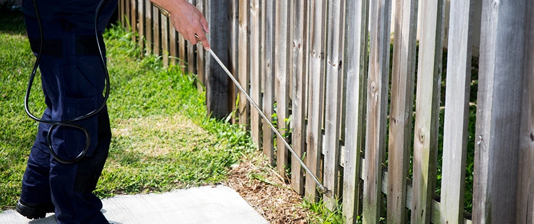 Buffalo Outdoor technician spraying a pest barrier along a backyard wood fence line